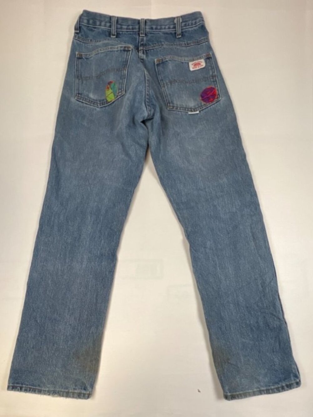 Vintage Round House Men 30x32 Blue Denim Jeans Made in USA Custom Hippie Patches